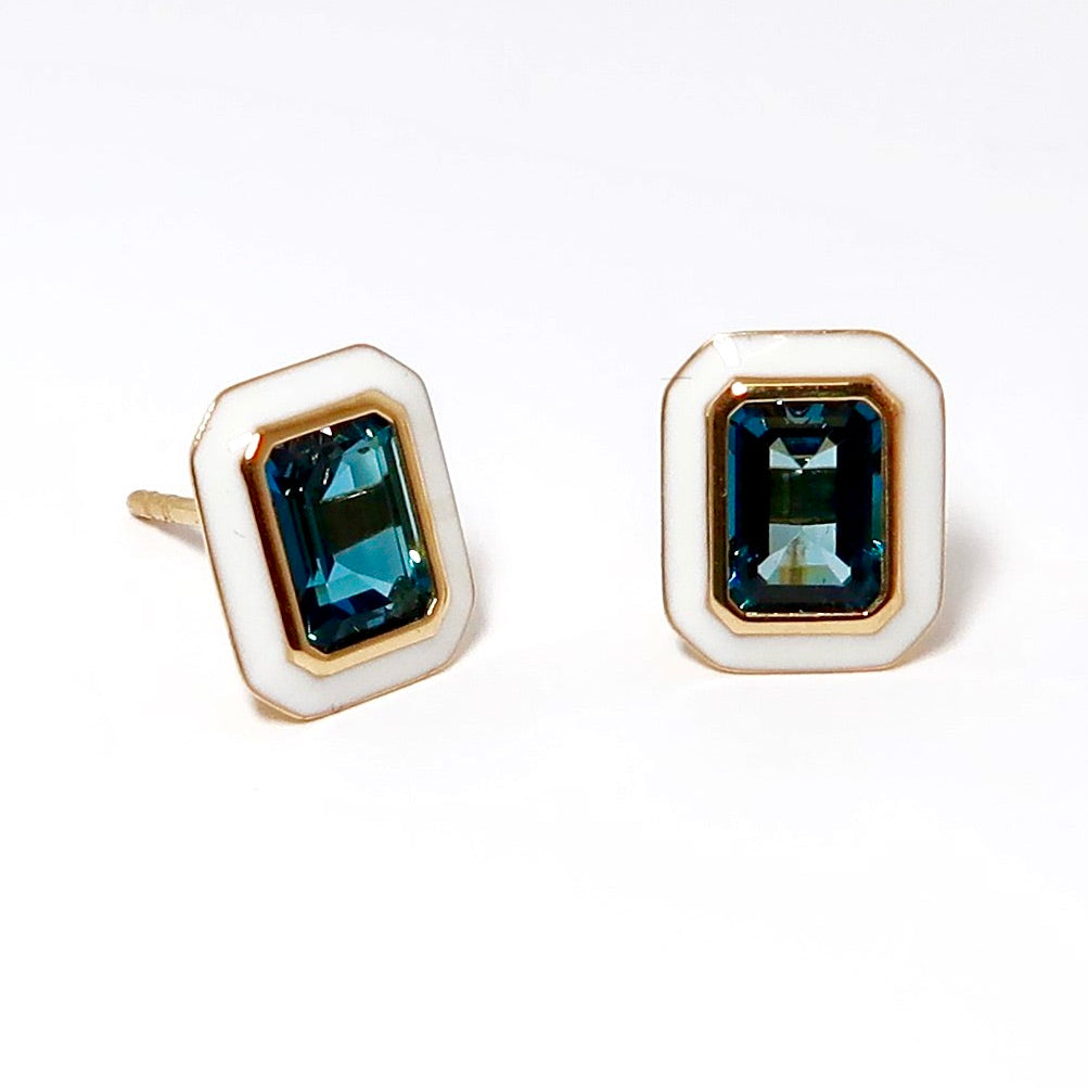 London Blue Topaz Emerald Cut Stud Earrings