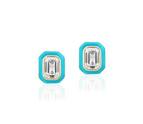 Rock Crystal Emerald Cut Stud Earrings With Turquoise Enamel