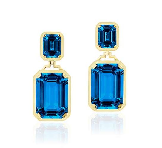 Double Emerald Cut London Blue Topaz Long Earrings