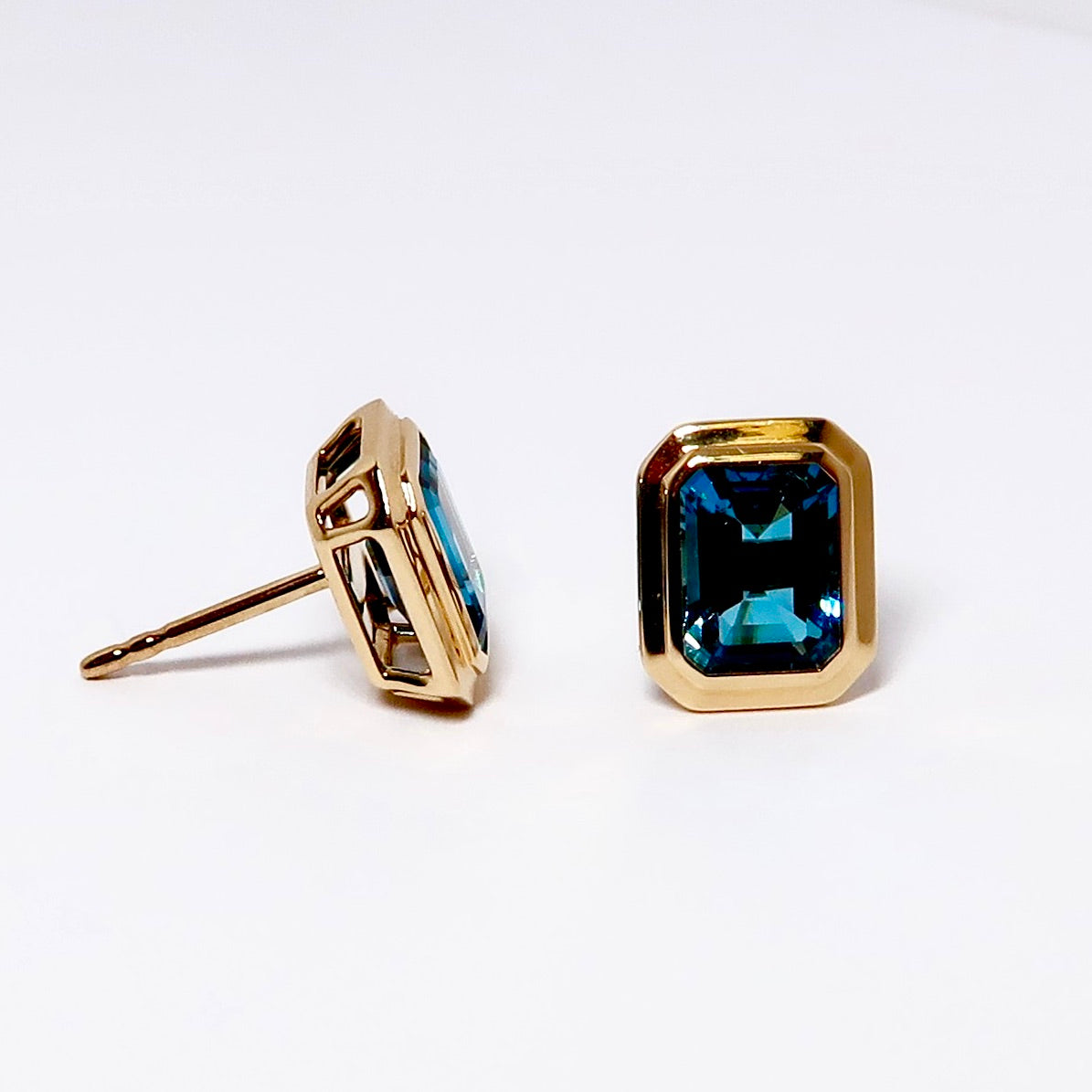 London Blue Topaz Emerald Cut Bezel Set Studs