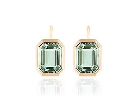 Prasiolite Emerald Cut Bezel Set Earring on Wire in 18k Yellow Gold
