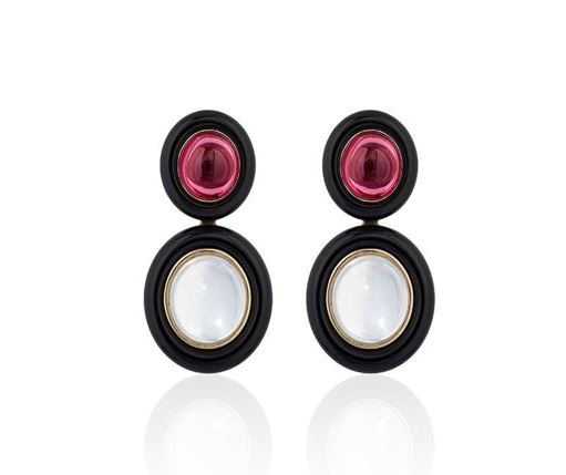 Garnet And Moon Quartz Cabochon Earrings with Onyx Ring