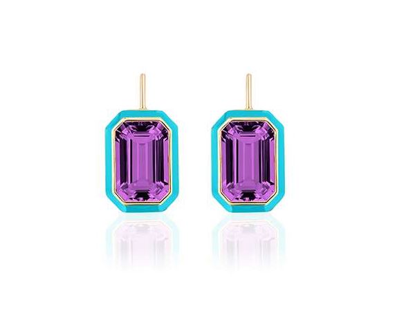 Amethyst Emerald Cut Earring with Turquoise Enamel