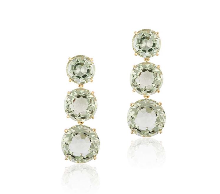3 Tier Round Prasiolite Earrings, 18k Yellow Gold