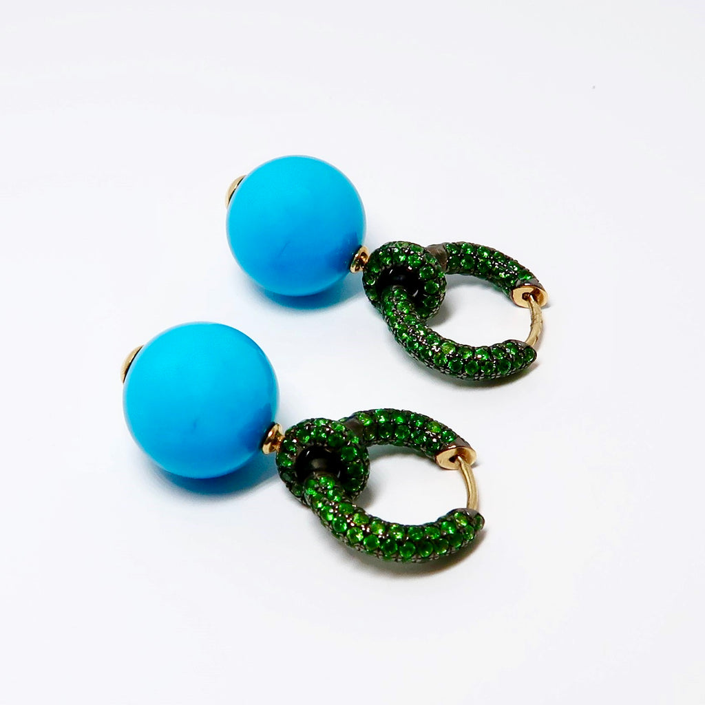 Turquoise Beads & Tsavourite Hoop Earrings
