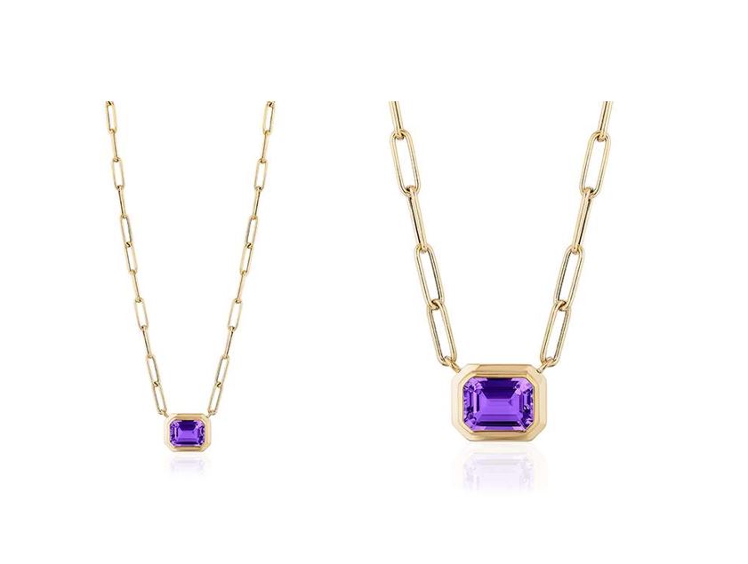 Amethyst Emerald Cut Bezel Set Pendant in 18K Yellow Gold