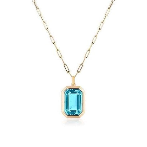 Blue Topaz Emerald Cut Bezel Set Pendant