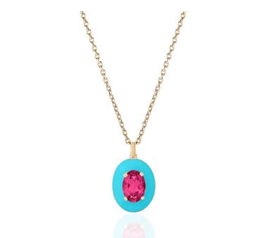 Faceted Oval Rubelite Pendant with White Enamel