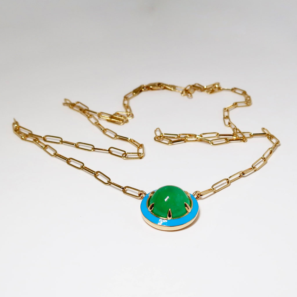 Emerald, Cabochon Pendant with Turquoise Enamel