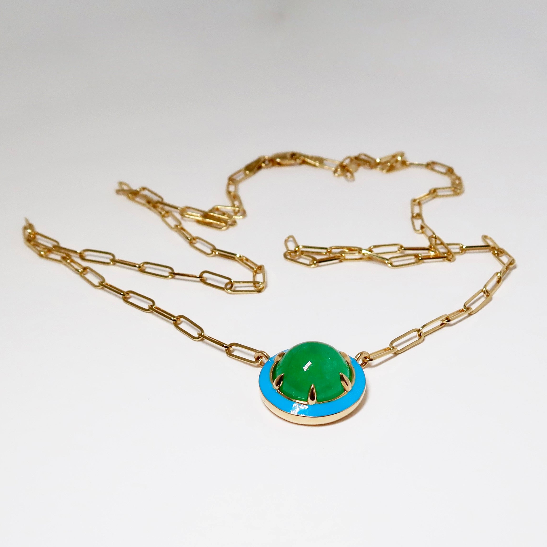Emerald, Cabochon Pendant with Turquoise Enamel