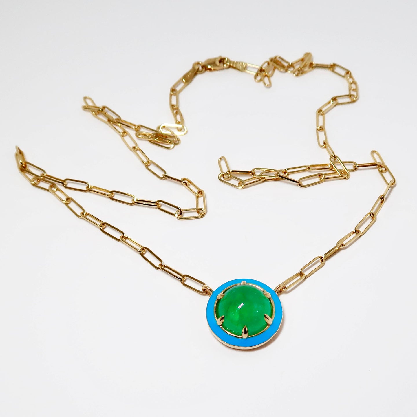 Emerald, Cabochon Pendant with Turquoise Enamel