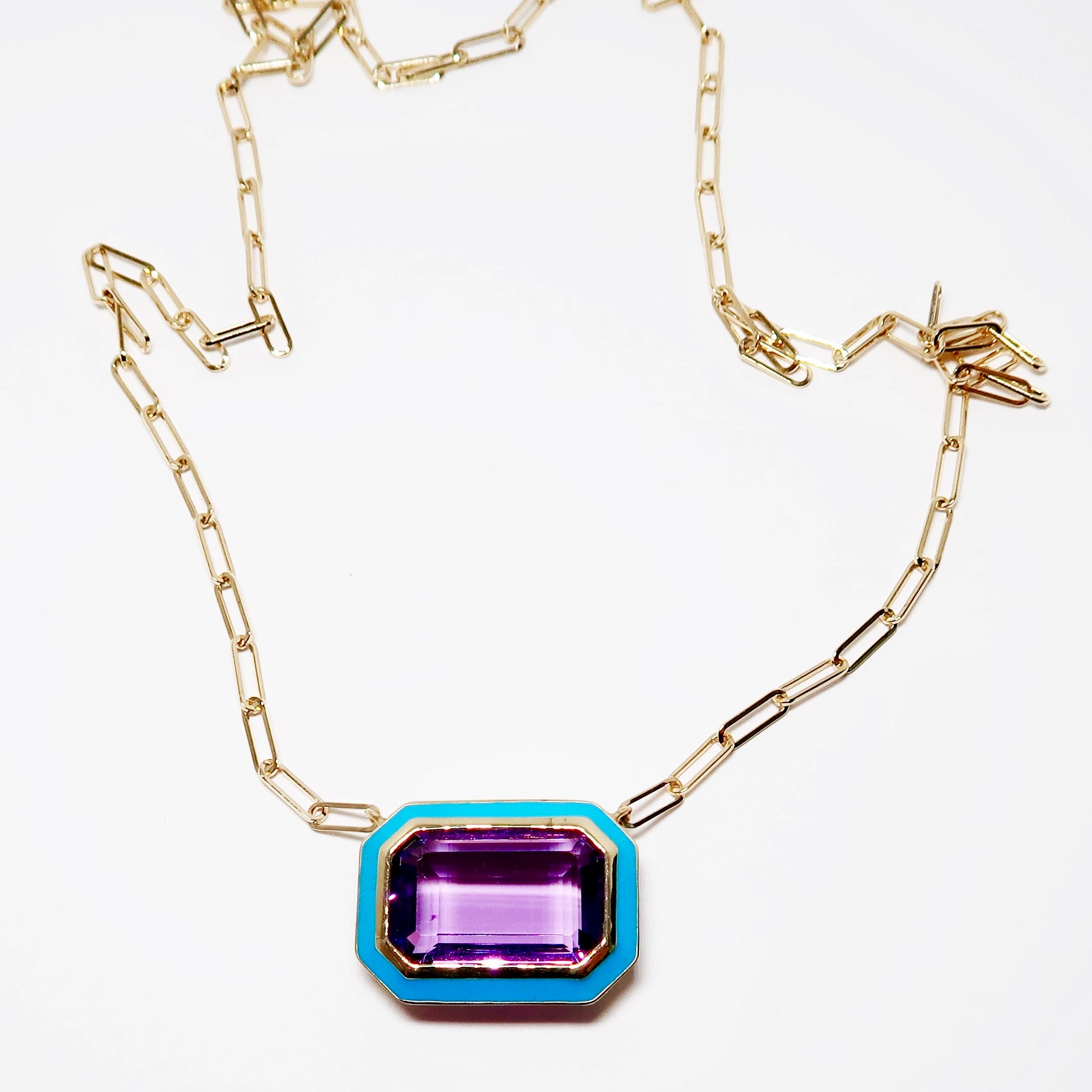 Amethyst Emerald Cut & Bezel Set Pendant with Turquoise Enamel