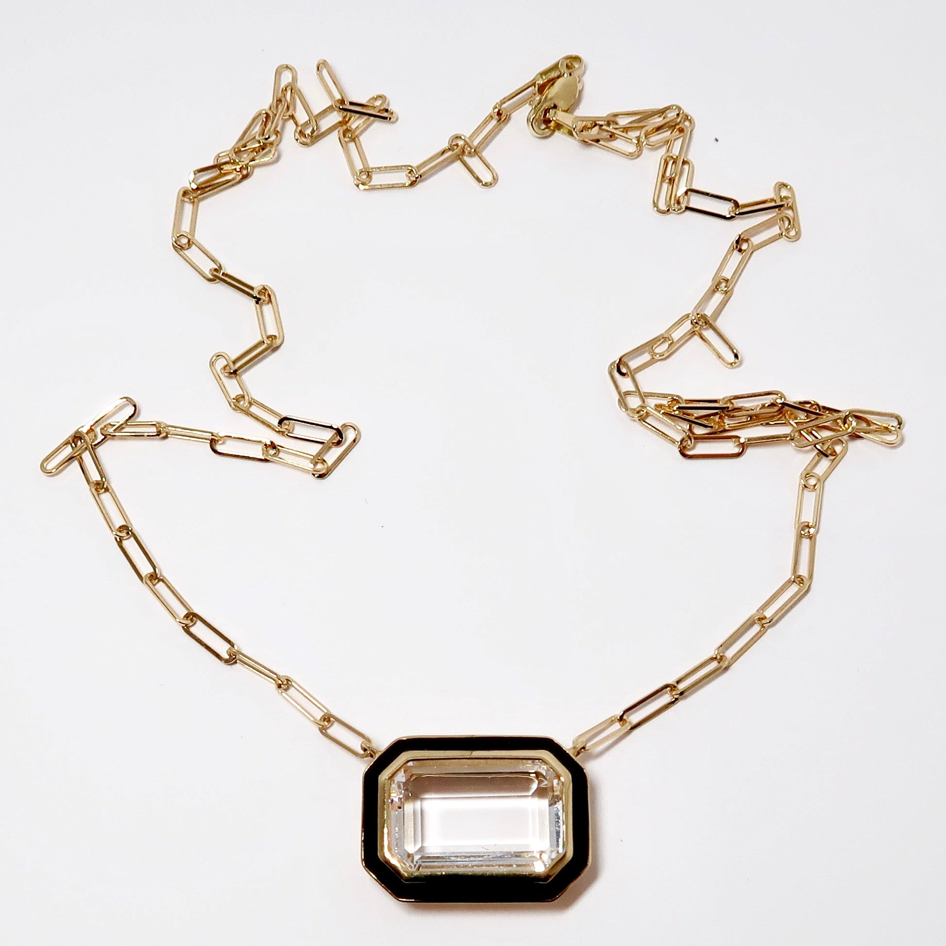 Rock Crystal Emerald Cut + Bezel Set Pendant with Black Enamel