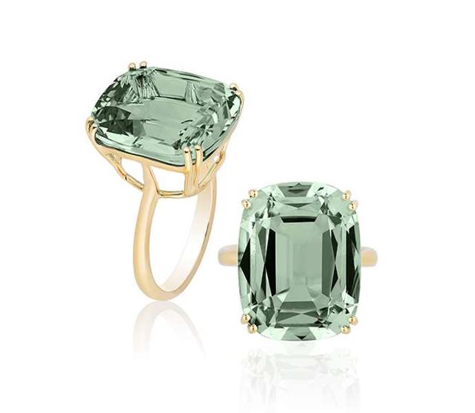 Prasiolite Cushion Ring with Tube Shank in 18K Yellow Gold