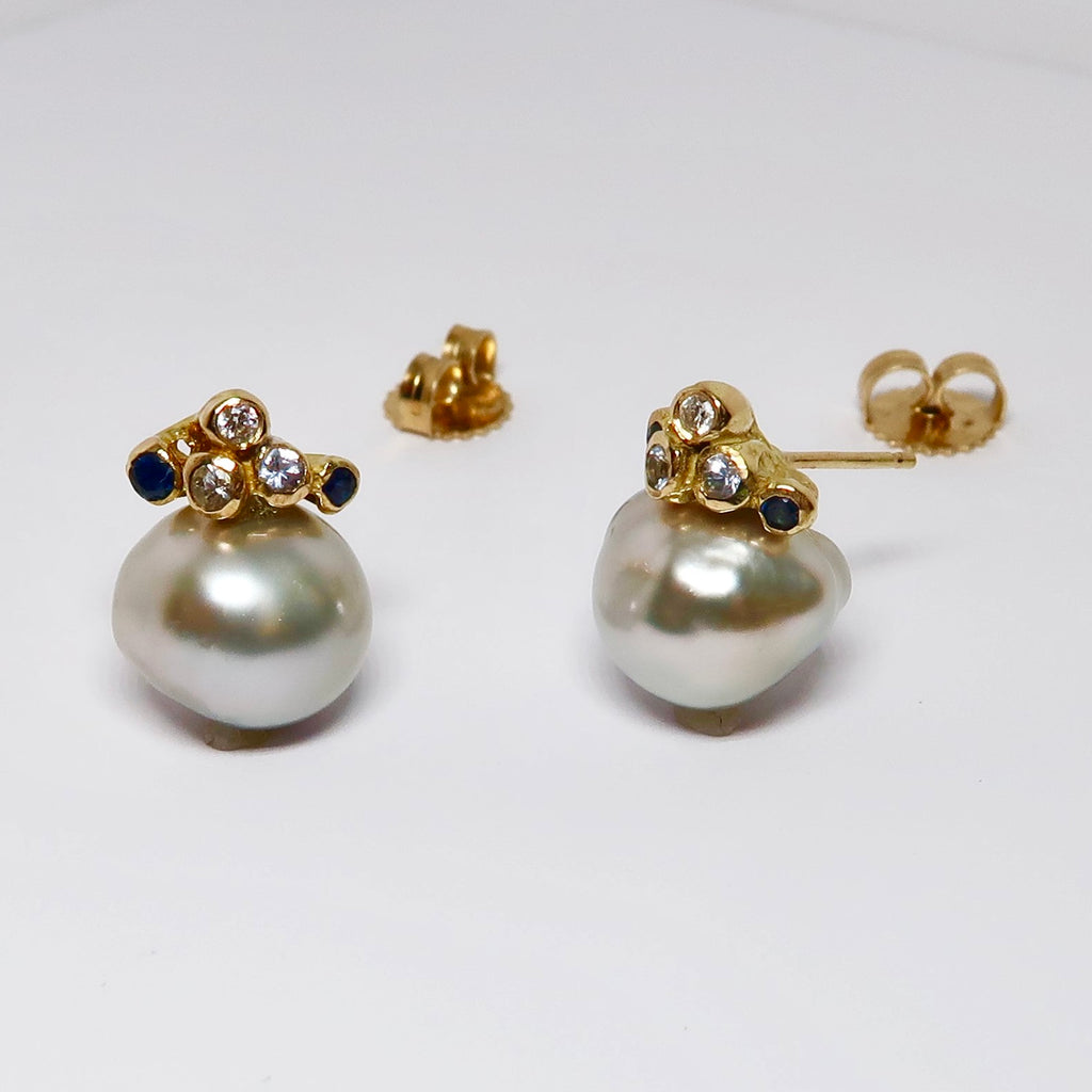 Silver Pearl Earrings, Diamond & Sapphire Accents NO PRICE