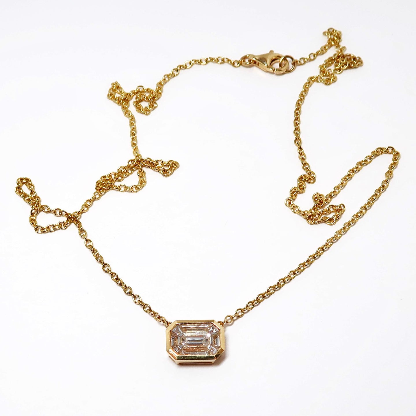 18k Yellow Gold Diamond Pendant Necklace, Cut Corner Rectangle Mosaic of Diamonds