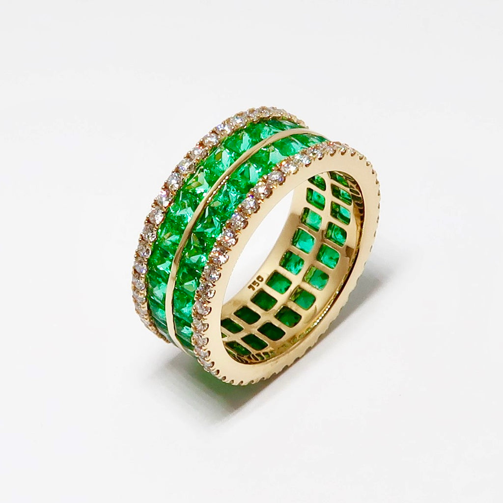 4 Row Emerald & Diamond Wide Band