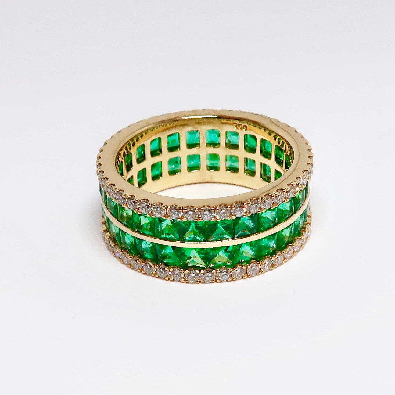 4 Row Emerald & Diamond Wide Band
