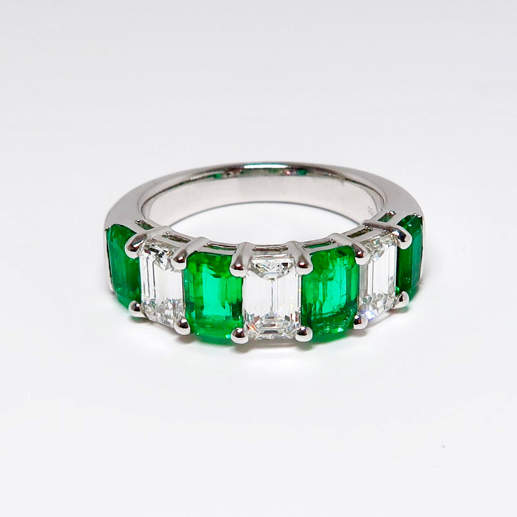 Emerald & Diamond 7 Stone Ring, 4 Emerald Cut Emeralds