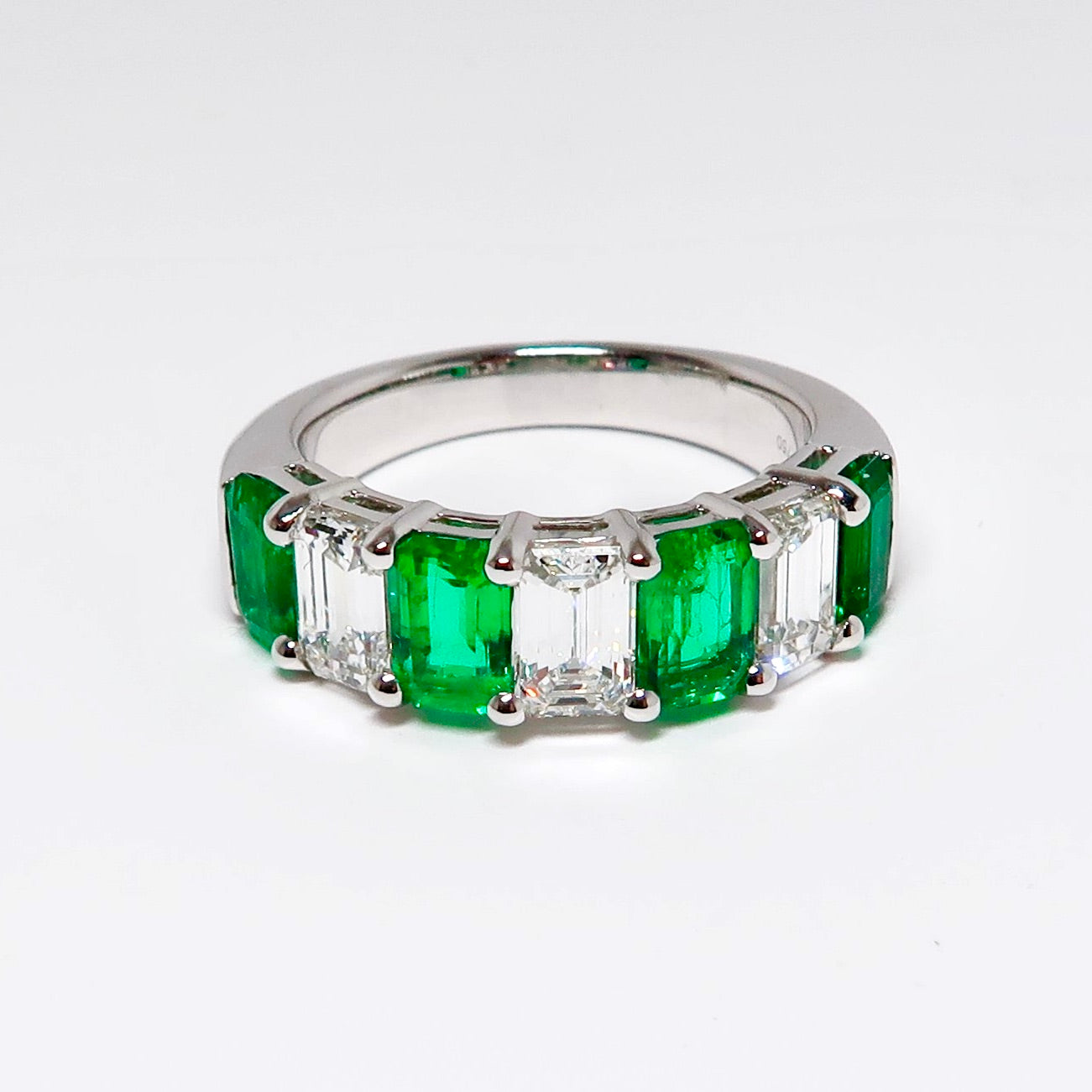 Emerald & Diamond 7 Stone Ring, 4 Emerald Cut Emeralds