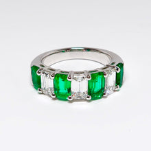 Load image into Gallery viewer, Emerald &amp; Diamond 7 Stone Ring, 4 Emerald Cut Emeralds
