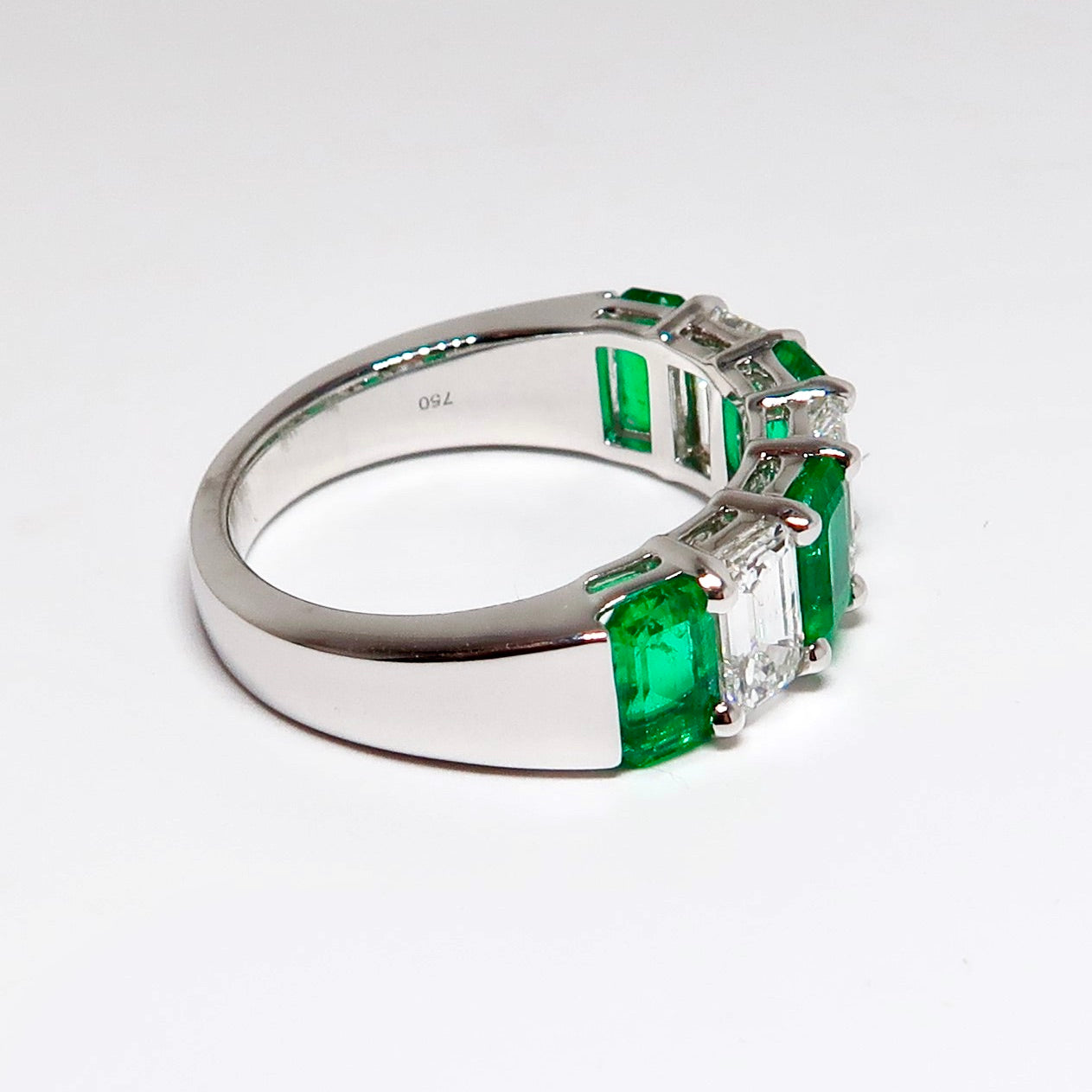Emerald & Diamond 7 Stone Ring, 4 Emerald Cut Emeralds