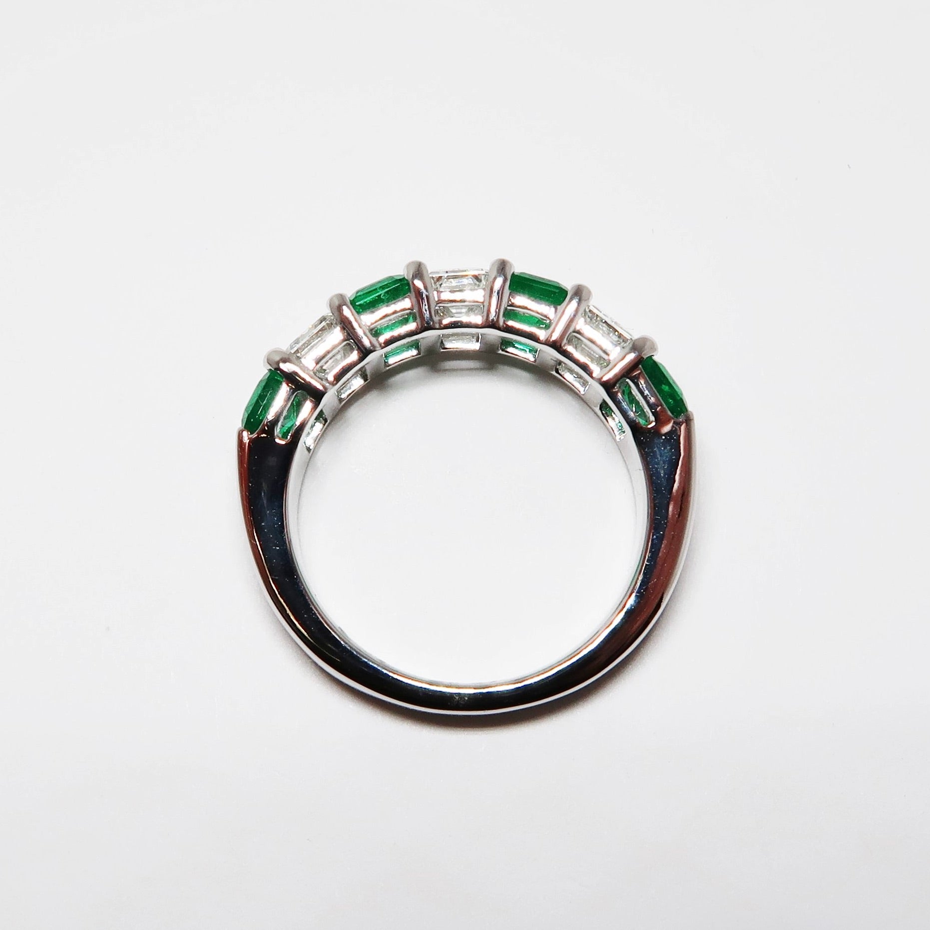 Emerald & Diamond 7 Stone Ring, 4 Emerald Cut Emeralds
