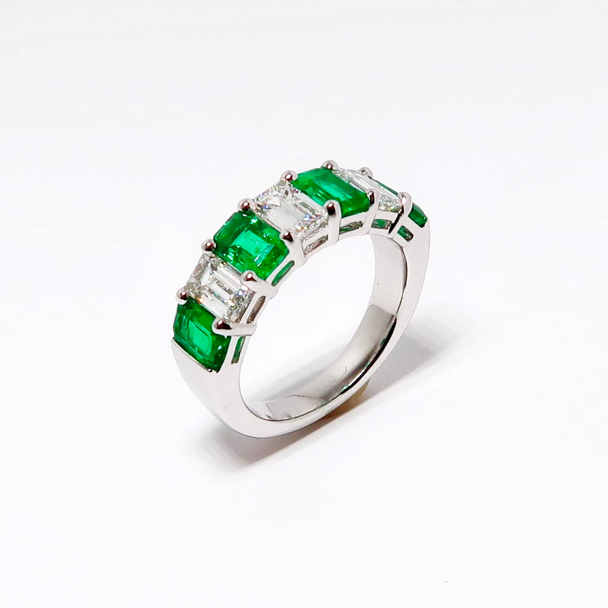 Emerald & Diamond 7 Stone Ring, 4 Emerald Cut Emeralds