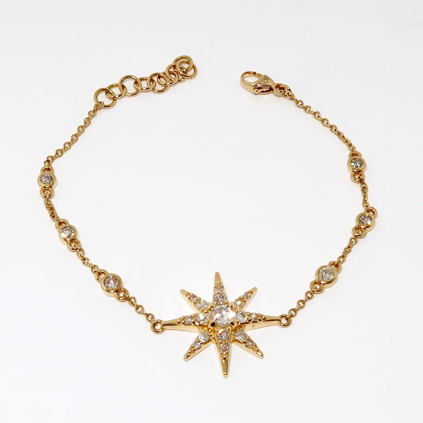 18k Yellow Gold Large Star Charm Bracelet with Vintage Diamonds on Bezel Set Vintage Diamond Chain