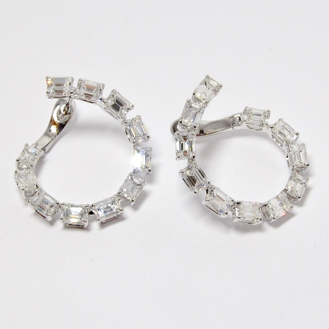 18k White Gold Emerald Cut Diamond Hoop Earrings
