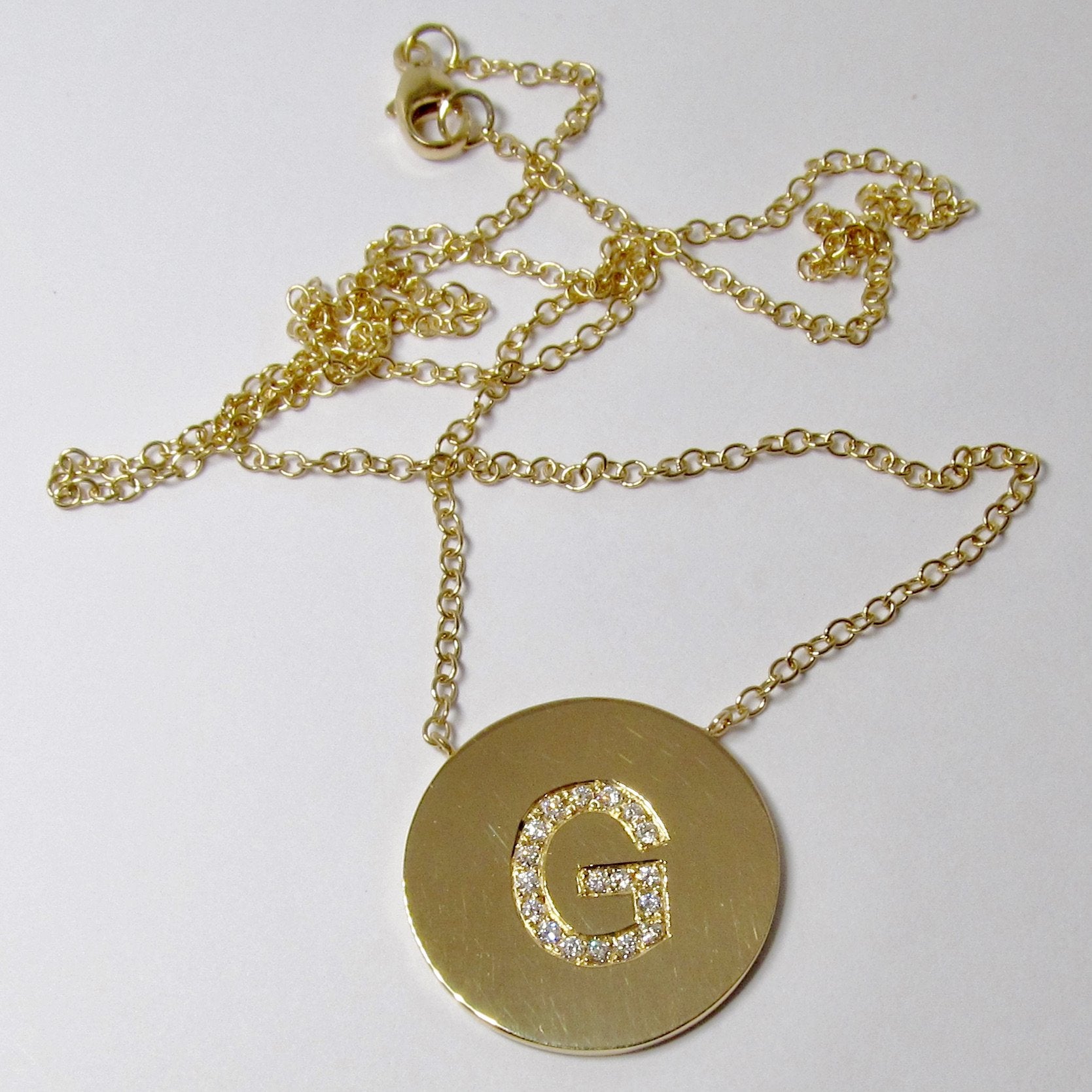 18k Yellow Gold Disc Pendant Necklace with Diamond "G"