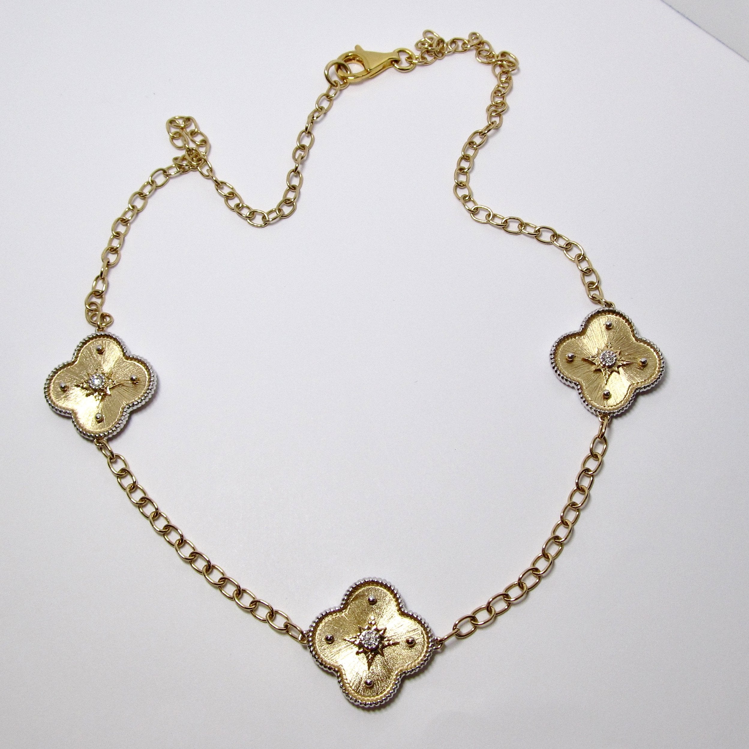 18k Yellow + White Gold Necklace with Clover Shaped Stations with Diamonds