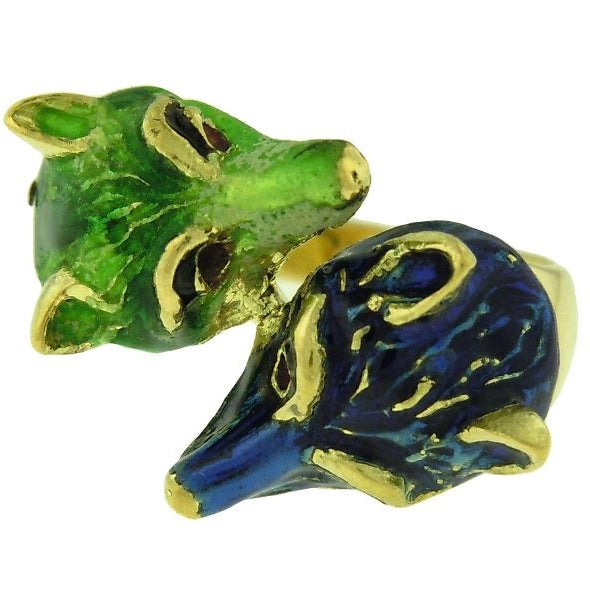 18k Yellow Gold Enamel Fox Head Ring