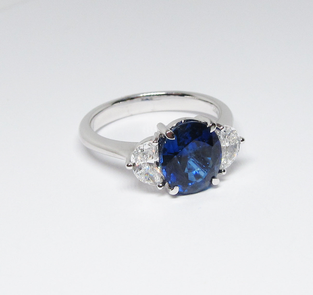 18k White Gold Oval Sapphire and Diamond 3-Stone Ring