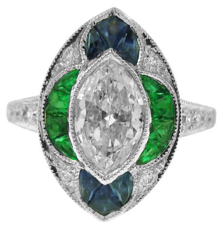 Platinum Sapphire, Emerald and Diamond Ring