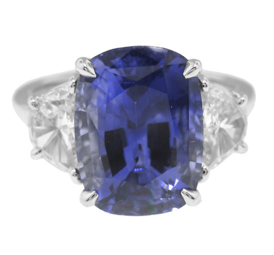 Platinum Cushion Sapphire and Half Moon Diamonds Ring