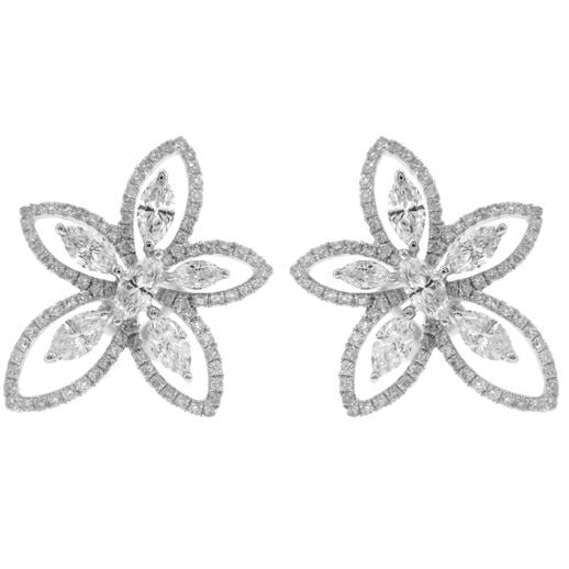 18k White Gold Round and Marquise Diamond Flower Style Earrings