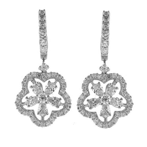 18k White Gold Round and Pear Shape Hanging Diamond Earrings