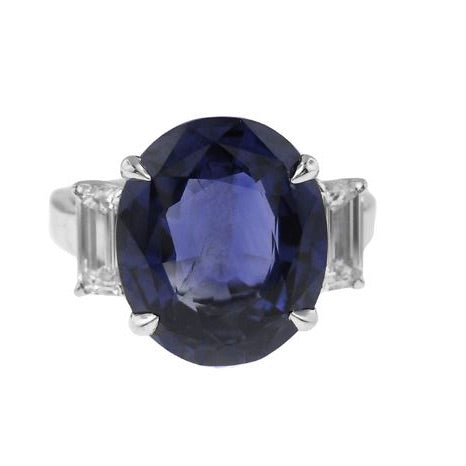 Platinum Oval Sapphire and Emerald Cut Diamond Ring