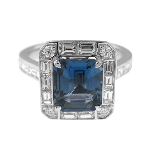 Emerald Cut Blue Sapphire & Diamond Ring
