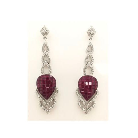 White Gold Hanging Ruby and Diamond Earrings