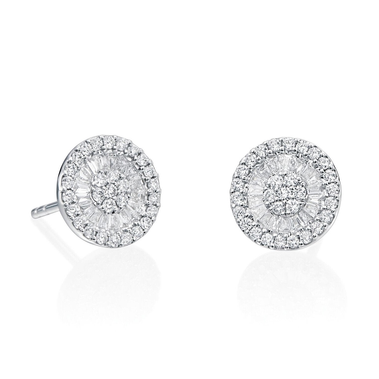18kt White Gold Round and Baguette Earrings
