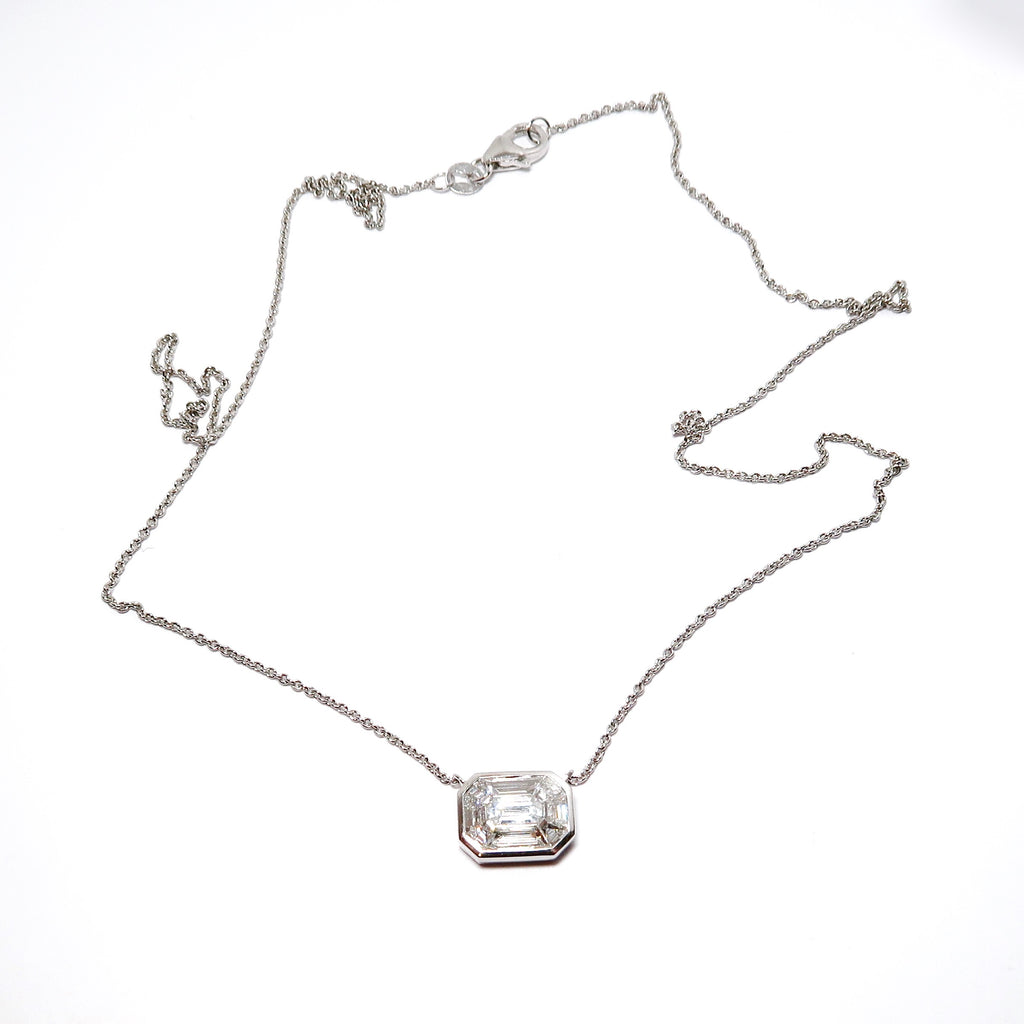 White Gold Emerald Cut Diamond Illusion Pendant with Chain