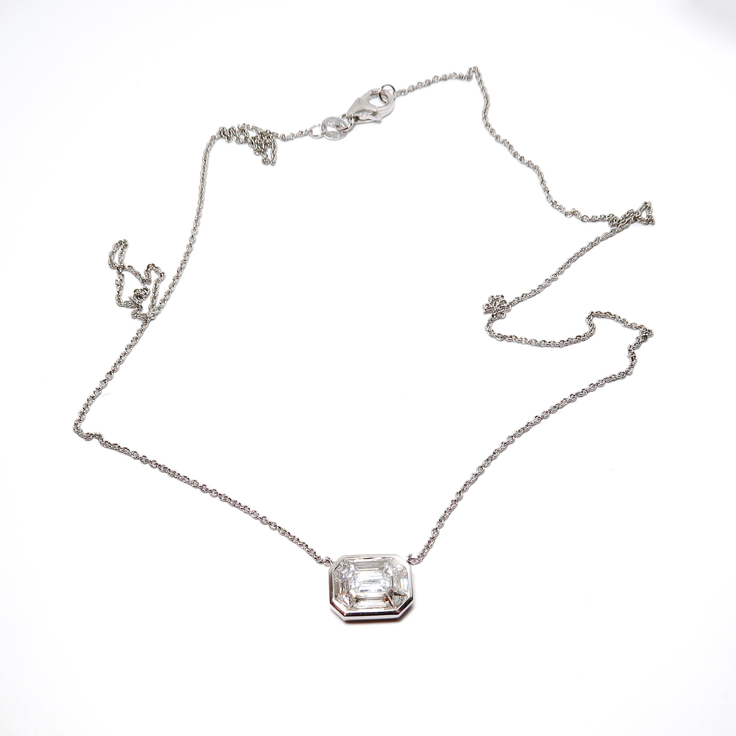 White Gold Emerald Cut Diamond Illusion Pendant with Chain