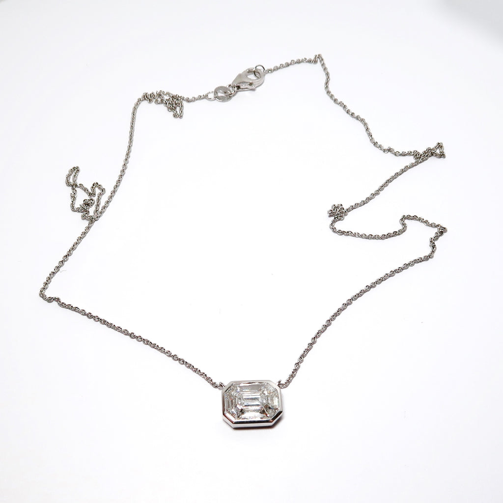 White Gold Emerald Cut Diamond Illusion Pendant with Chain