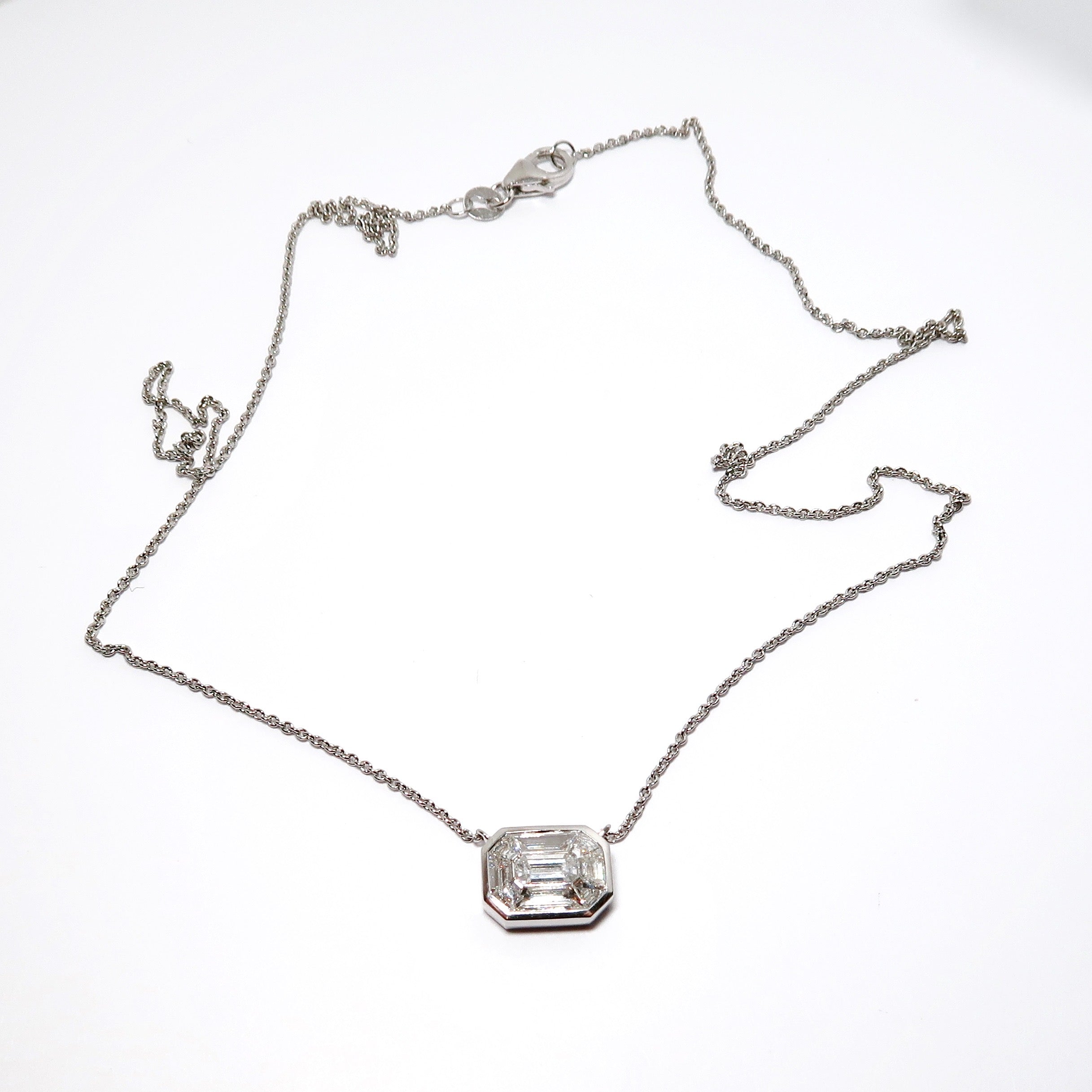 White Gold Emerald Cut Diamond Illusion Pendant with Chain