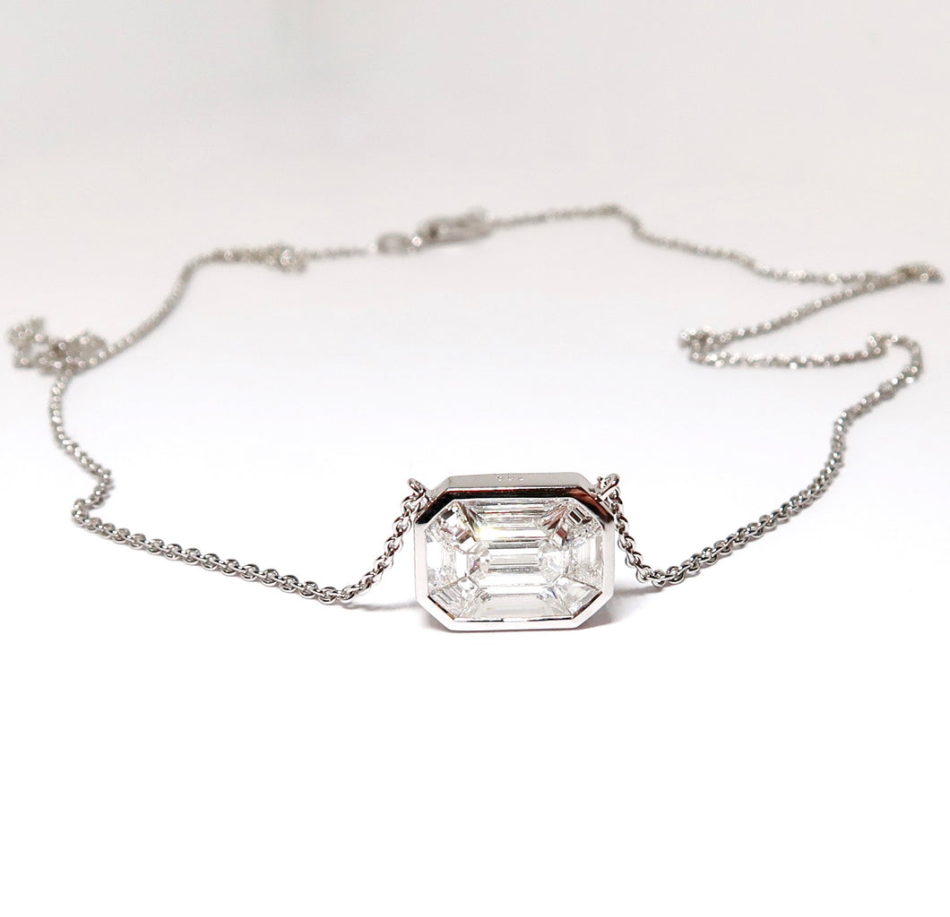 White Gold Emerald Cut Diamond Illusion Pendant with Chain