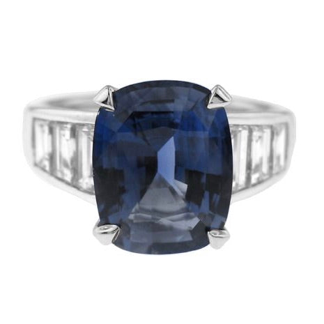 Platinum Cushion Sapphire and Traps Diamond Ring