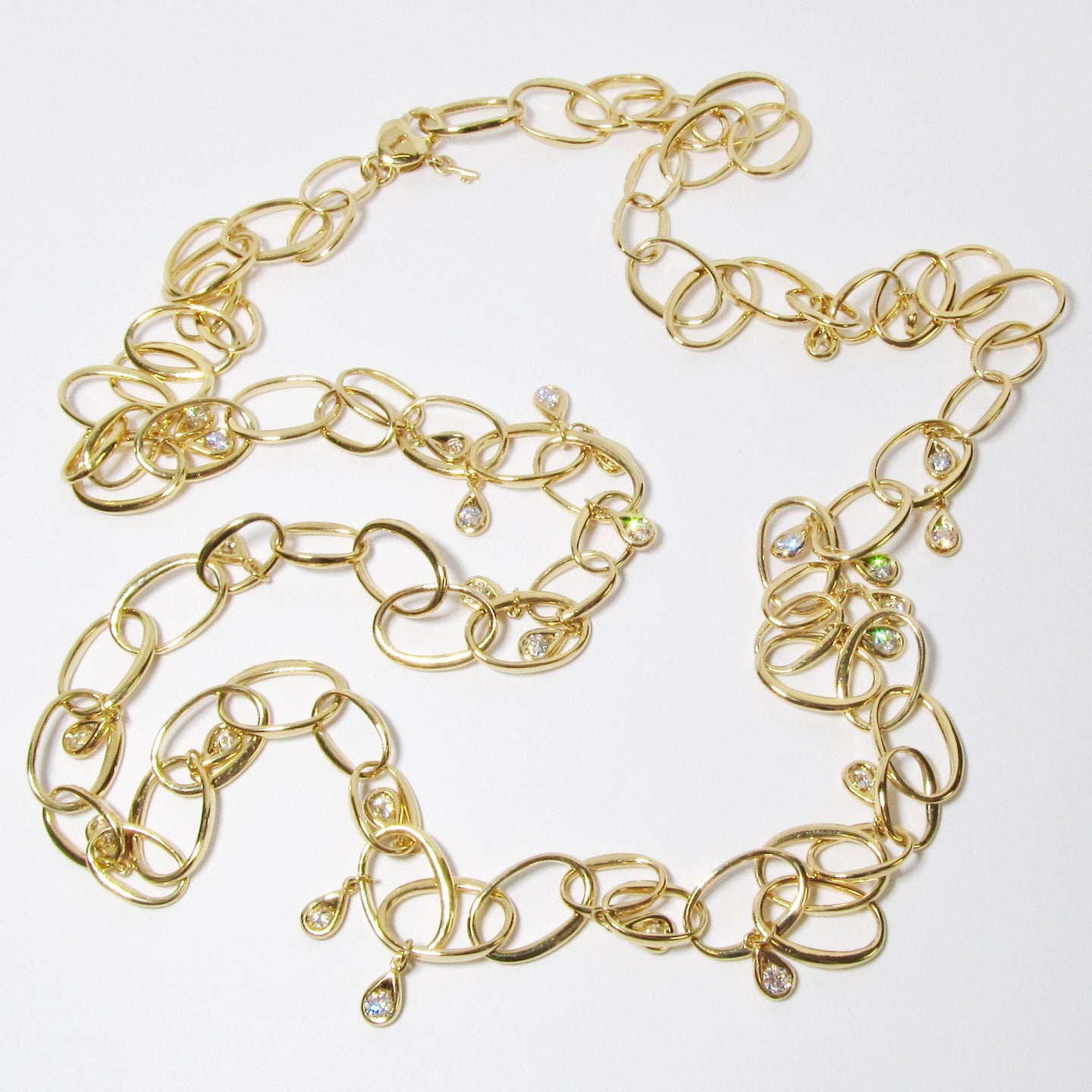 18k Yellow Gold & Diamond Drop Long, Oval Necklace