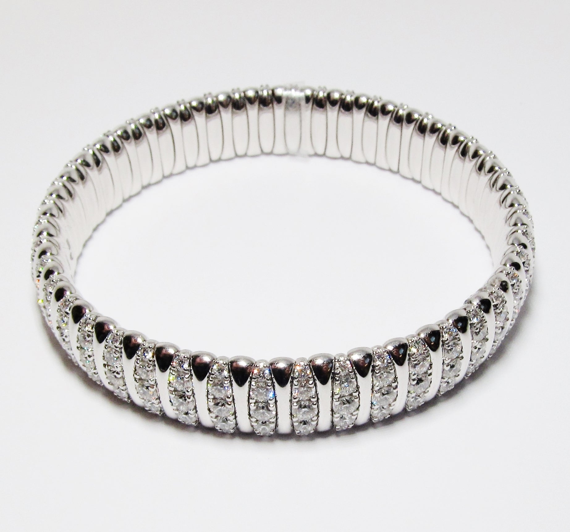 Narrow, Stretchy Bangle Bracelet with White Diamond Accents (Available in Yellow Gold and White Gold)